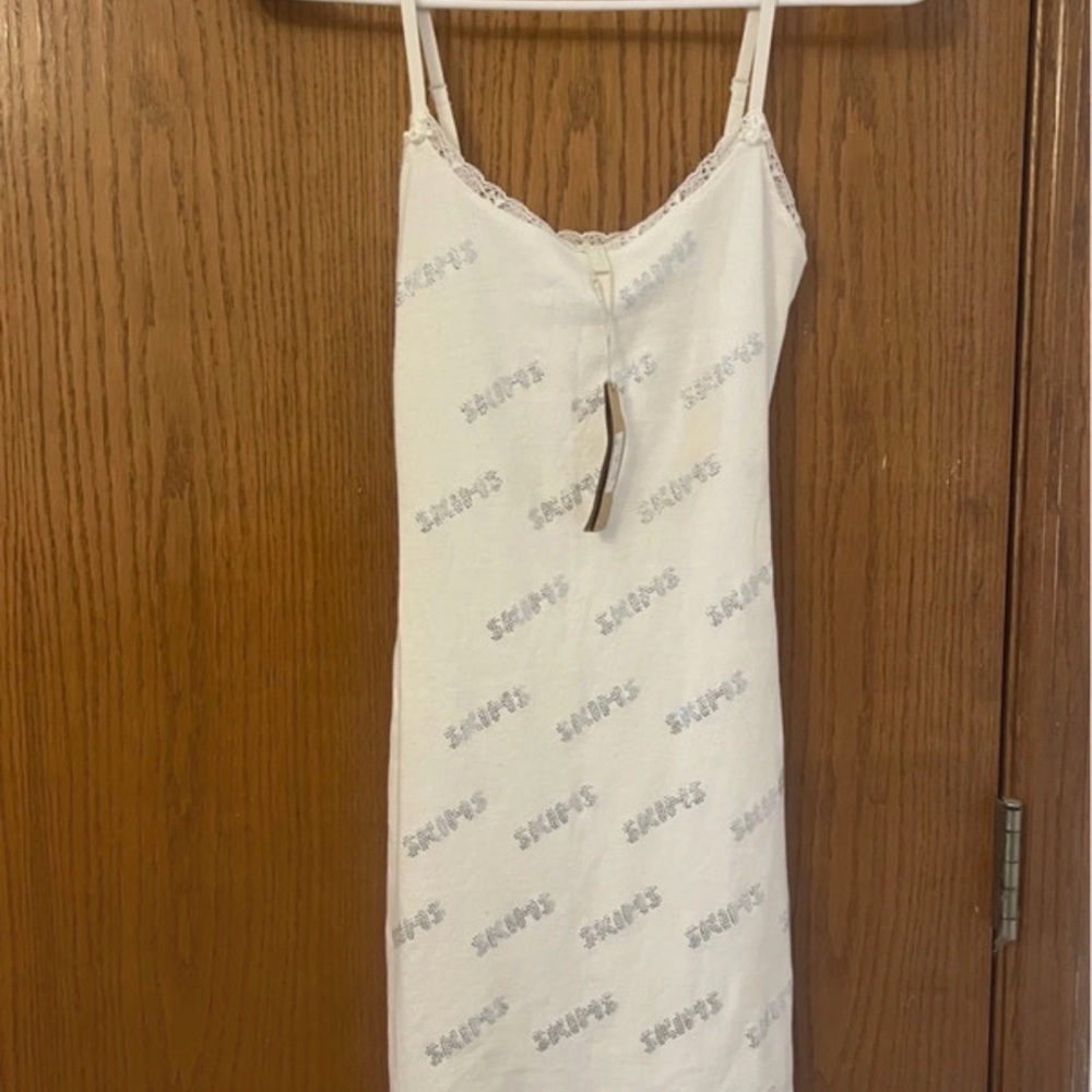 SKIMS White Slip Dress with Lace Trim